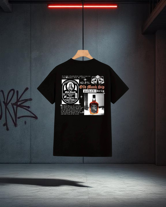 Old Monk Sip – Pahadi Drip Edition Tee (Black color)